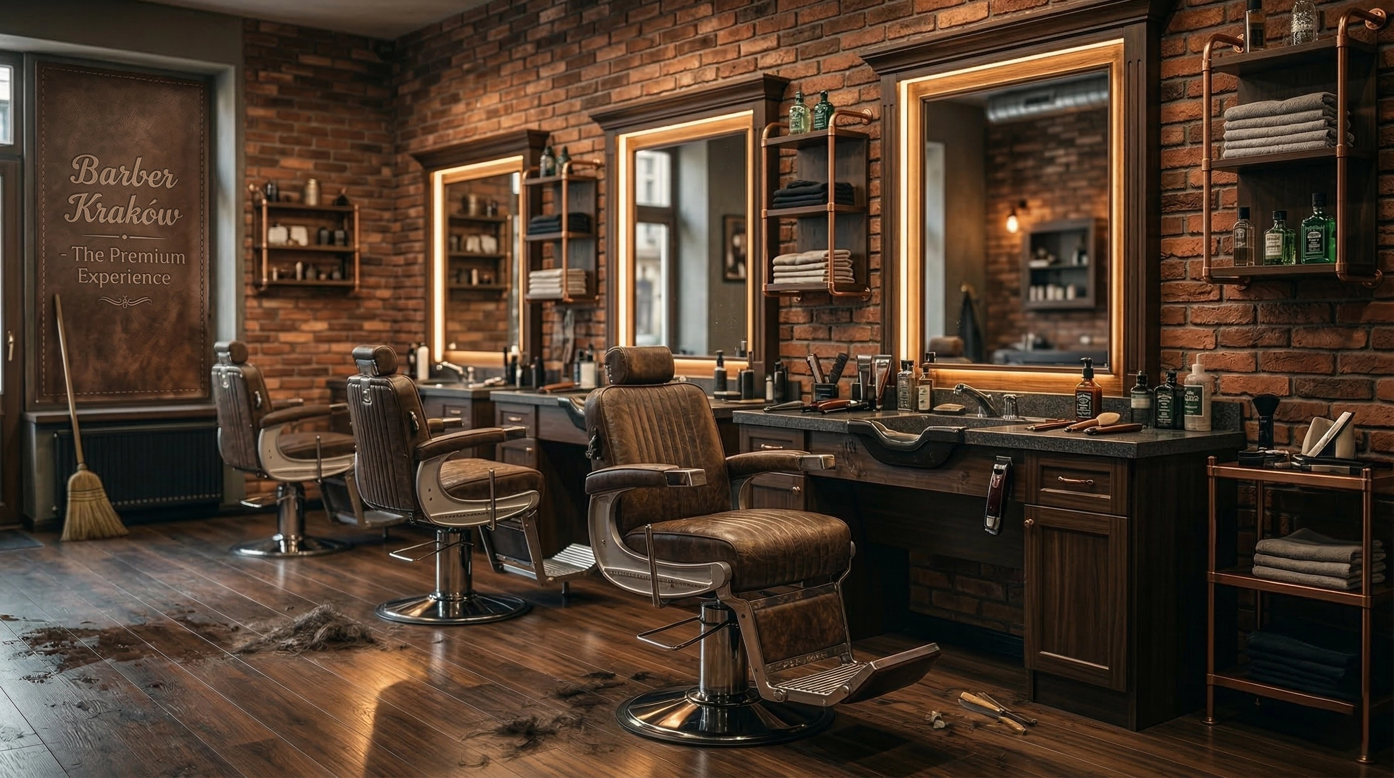 Wnętrze barbershopu w Krakowie — skórzane fotele, ceglane ściany, ciepłe oświetlenie